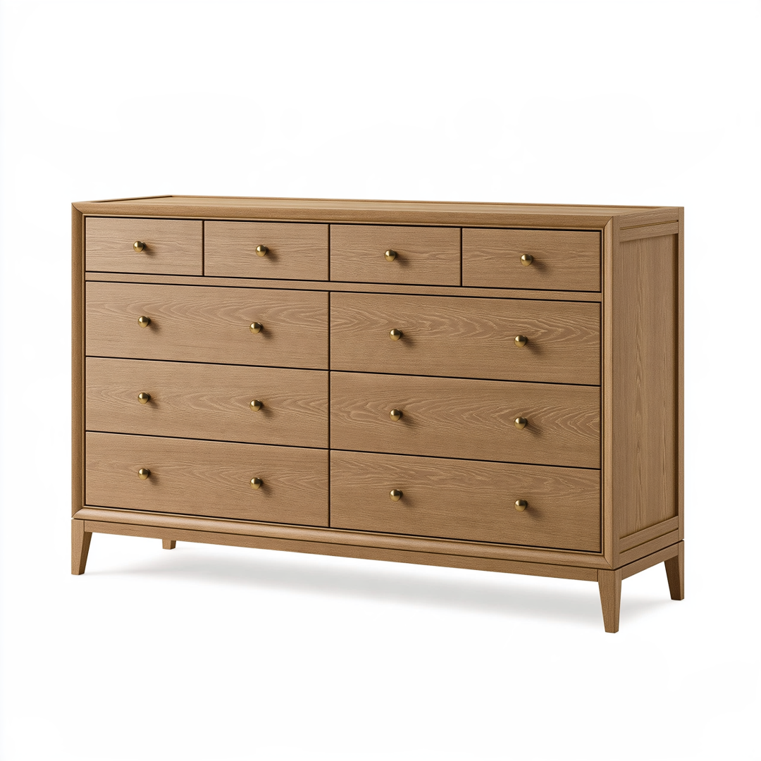 Commode 180 x 45 x 95 cm en bois chêne clair à 10 tiroirs style classique