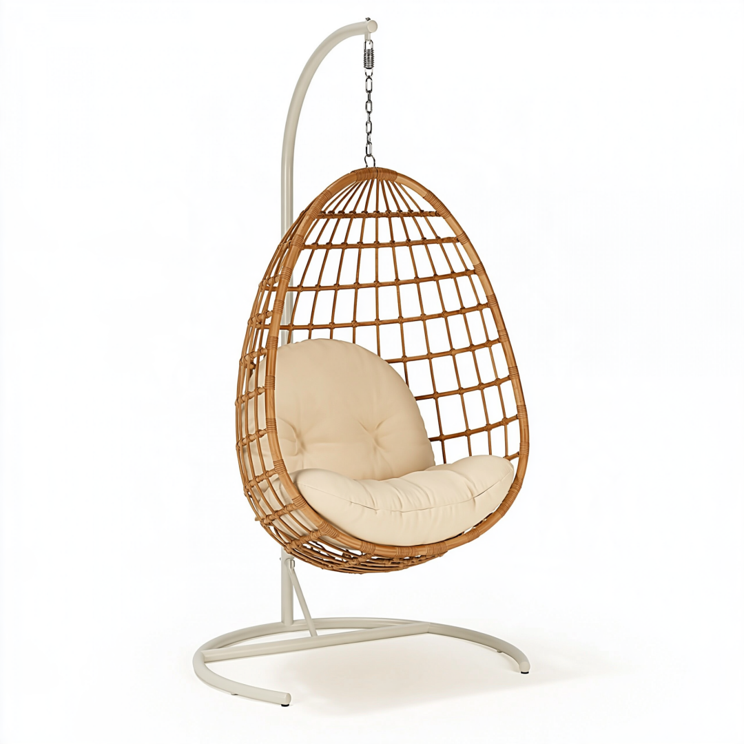 Fauteuil suspendu 105 x 105 x 195 cm en rotin marron avec support métal crème style bohème
