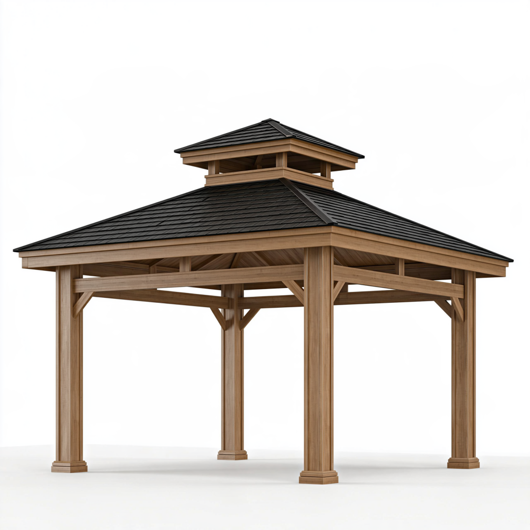 Pavillon de jardin 400 x 400 x 350 cm en bois marron avec toit noir - abri extérieur ventilé