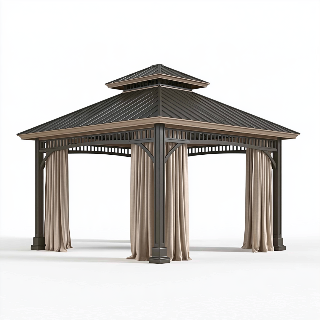 Pavillon de jardin 300 x 300 x 300 cm en acier noir avec rideaux beiges - toit à double niveau