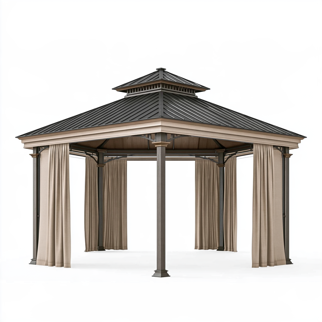 Tonnelle de jardin 300 x 300 cm en acier gris anthracite avec rideaux pavillon couvert
