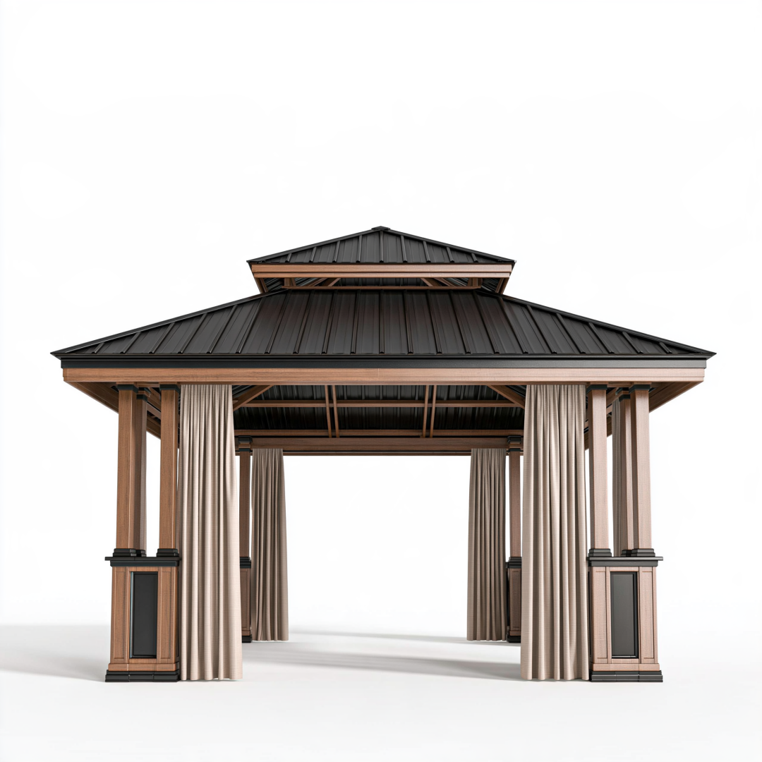 Pavillon de jardin 400 x 300 x 320 cm en métal brun et noir avec rideaux - Abri extérieur à toit double