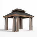 Pavillon de jardin 300 cm x 300 cm en métal noir et brun avec rideaux style contemporain