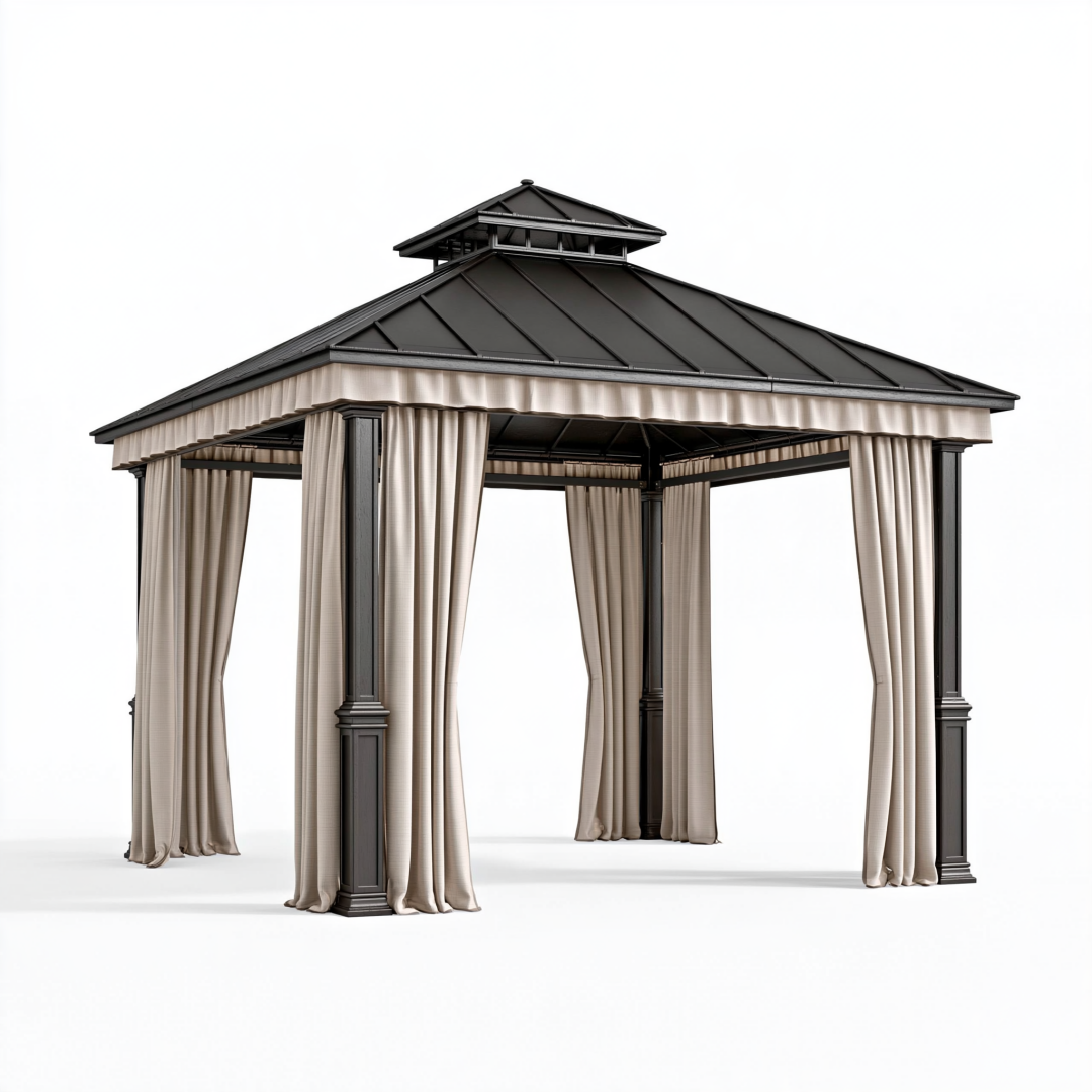 Tonnelle de jardin 300 x 300 cm en acier noir avec rideaux style pavillon
