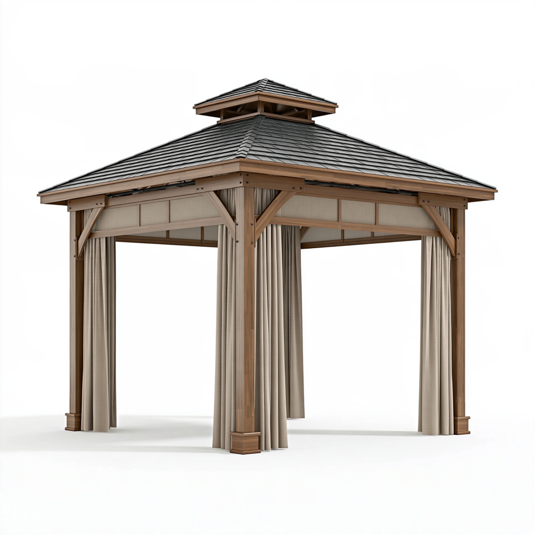 Tonnelle de jardin 300 x 300 cm en bois marron avec toit rigide et rideaux